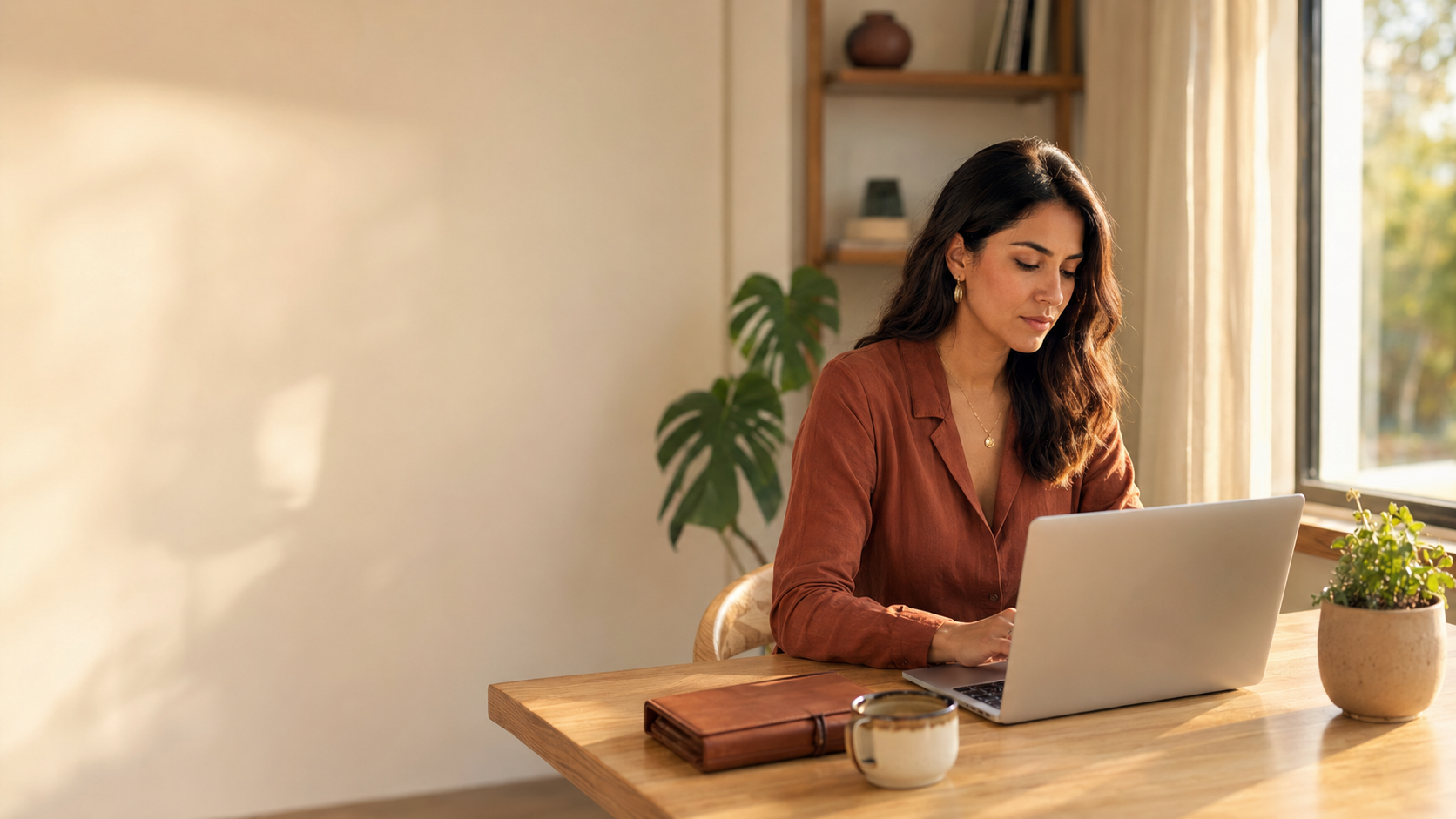A poised executive assistant working calmly at a light wooden desk in a sun-filled home office